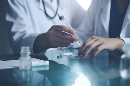 Close-up view of doctors' hands during medication treatment discussionの素材