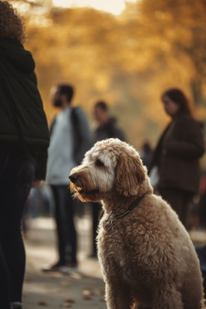 A man and his dog take a leisurely walk on a busy sunny day in the park.の素材