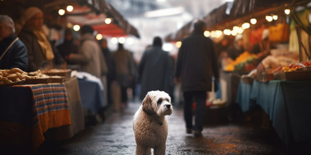 A dog lost in the crowd of a busy market, looking for its ownerの素材