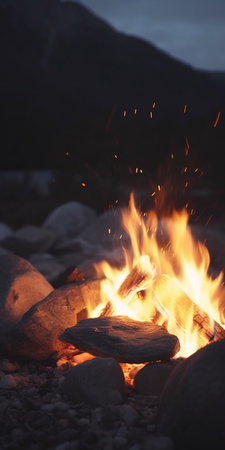 Warm flames and crackling wood under a starry sky at the campsiteの素材