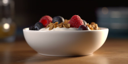 A delicious and healthy breakfast bowl filled with crunchy granola, creamy yogurt, and sweet, juicy berries.の素材