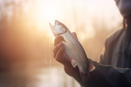 A fisherman standing in the morning mist with a fresh fish in his hand, proudly presenting his catch.の素材
