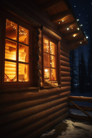 Escape to the mountains and cozy up in a romantic wooden cabin illuminated by the soft glow of lights at night.の素材
