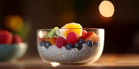 A bowl of creamy chia seed pudding topped with colorful fresh fruits, a delicious and healthy breakfast choiceの素材
