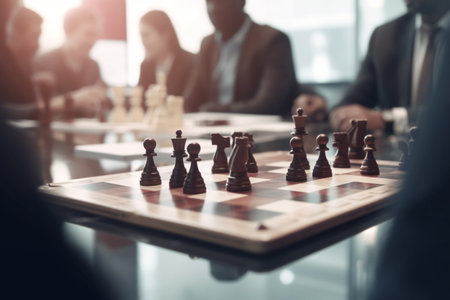 Strategic thinking in the midst of a bustling business meeting - a game of chess with blurred colleagues in the backgroundの素材