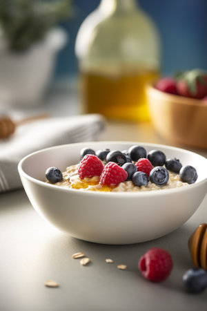 A bowl of oatmeal cereal topped with fresh red and black berriesの素材