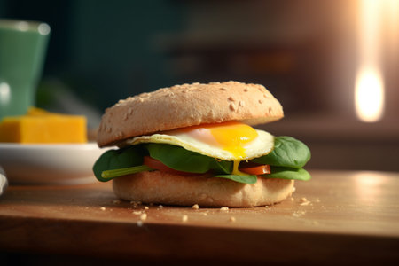 Fresh and filling avocado, spinach, and fried egg sandwich on a brioche bunの素材