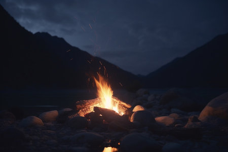 Warm flames and crackling wood under a starry sky at the campsiteの素材