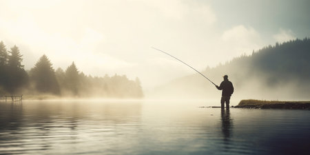 A solitary angler casts his line into the still waters of the misty lake at dawn, patiently waiting for a catchの素材
