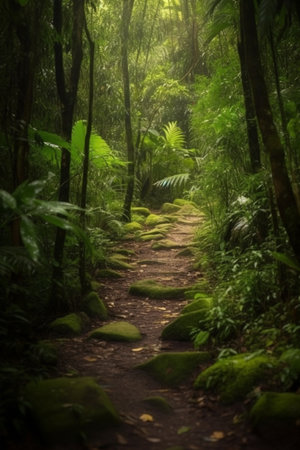 A winding trail through the dense and vibrant rainforest.の素材