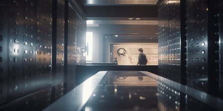 A glimpse into the highly secure bank vault with stainless steel lockers and safe deposit boxes.の素材