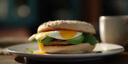 Fresh and filling avocado, spinach, and fried egg sandwich on a brioche bunの素材