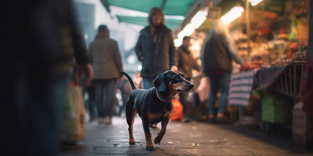 A dog lost in the crowd of a busy market, looking for its ownerの素材