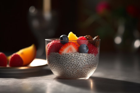 A bowl of creamy chia seed pudding topped with colorful fresh fruits, a delicious and healthy breakfast choiceの素材
