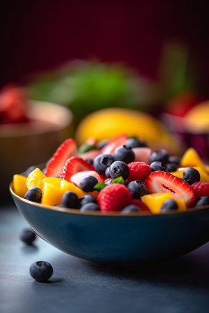 Healthy and delicious fruit salad with a mix of berries, kiwi, and mango in a bowlの素材