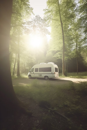 A camper van travels on a scenic forest road on a sunny dayの素材