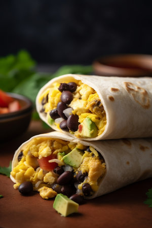 Start your day off right with this delicious and filling breakfast burrito filled with fluffy scrambled eggs, flavorful veggies, and protein-packed beans.の素材