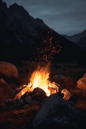 Warm flames and crackling wood under a starry sky at the campsiteの素材