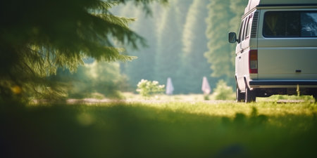 A camper van travels on a scenic forest road on a sunny dayの素材