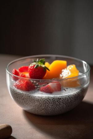 A bowl of creamy chia seed pudding topped with colorful fresh fruits, a delicious and healthy breakfast choiceの素材