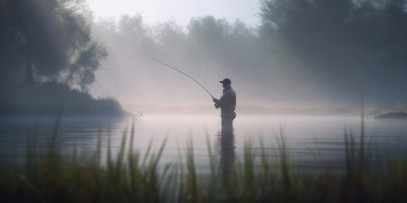A solitary angler casts his line into the still waters of the misty lake at dawn, patiently waiting for a catchの素材