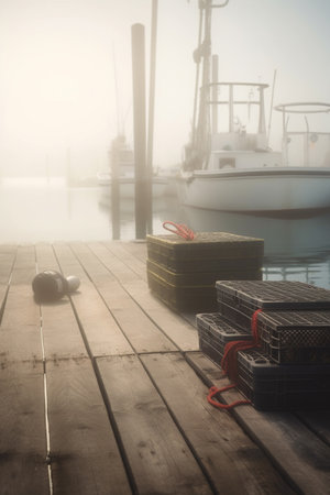 A foggy morning on the dock as fishing boats await their catch, with fishing gear neatly laid out on the pier.の素材