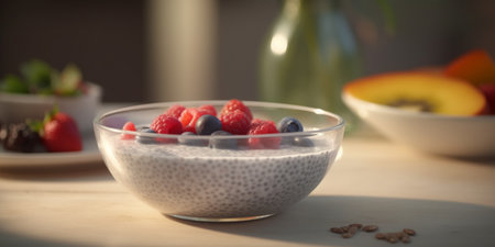 A bowl of creamy chia seed pudding topped with colorful fresh fruits, a delicious and healthy breakfast choiceの素材