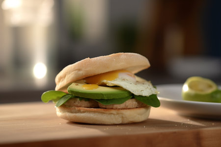 Fresh and filling avocado, spinach, and fried egg sandwich on a brioche bunの素材