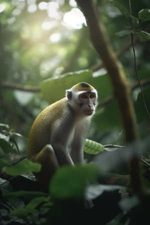 Adorable monkey in lush rainforest foliageの素材