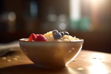 A bowl of oatmeal cereal topped with fresh red and black berriesの素材