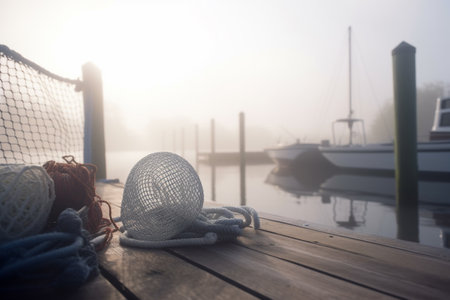 A foggy morning on the dock as fishing boats await their catch, with fishing gear neatly laid out on the pier.の素材