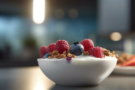 A delicious and healthy breakfast bowl filled with crunchy granola, creamy yogurt, and sweet, juicy berries.の素材