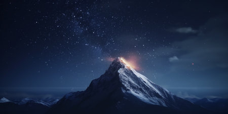 A serene snow-capped mountain peak at night, surrounded by the radiance of a starry sky and its glowing summit.の素材