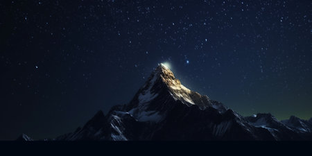 A serene snow-capped mountain peak at night, surrounded by the radiance of a starry sky and its glowing summit.の素材
