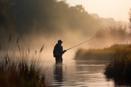 A solitary angler casts his line into the still waters of the misty lake at dawn, patiently waiting for a catchの素材