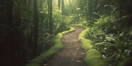 A winding trail through the dense and vibrant rainforest.の素材