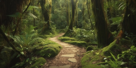A winding trail through the dense and vibrant rainforest.の素材