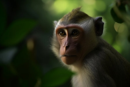 Adorable monkey in lush rainforest foliageの素材