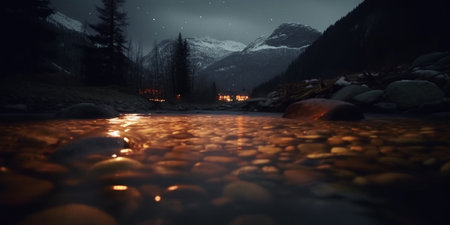 A peaceful nighttime scene of a mountain stream reflecting the lights of a small town nearby, with shining stones visible beneath the water's surface.の素材