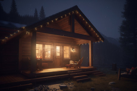 Escape to the mountains and cozy up in a romantic wooden cabin illuminated by the soft glow of lights at night.の素材