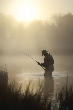 A solitary angler casts his line into the still waters of the misty lake at dawn, patiently waiting for a catchの素材