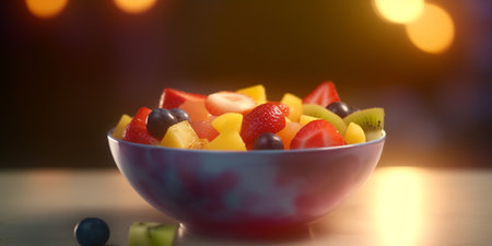 Healthy and delicious fruit salad with a mix of berries, kiwi, and mango in a bowlの素材