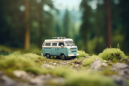 A camper van travels on a scenic forest road on a sunny dayの素材
