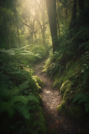 A winding trail through the dense and vibrant rainforest.の素材