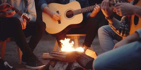 Group of friends enjoying a musical night by the campfireの素材