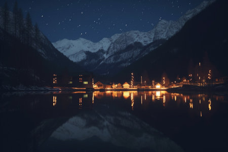 A serene mountain lake reflects the shimmering lights of a charming village on the horizon, set against the majestic mountains and starry night sky.の素材
