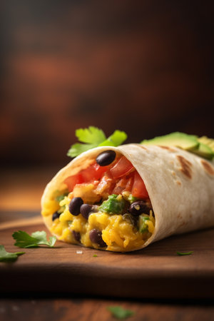 Start your day off right with this delicious and filling breakfast burrito filled with fluffy scrambled eggs, flavorful veggies, and protein-packed beans.の素材