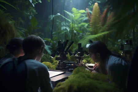 A group of young scientists with microscopes conducting research in an ecological outdoor laboratory in the rainforest amidst green plants.の素材