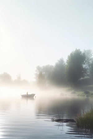A peaceful scene of tranquility as a solitary rowboat sits on a misty lake, undisturbed by human presence.の素材