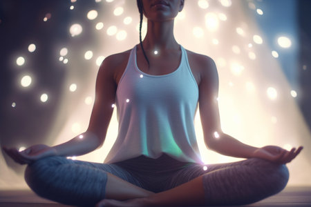 A woman finds inner peace while meditating in a cross-legged yoga poseの素材
